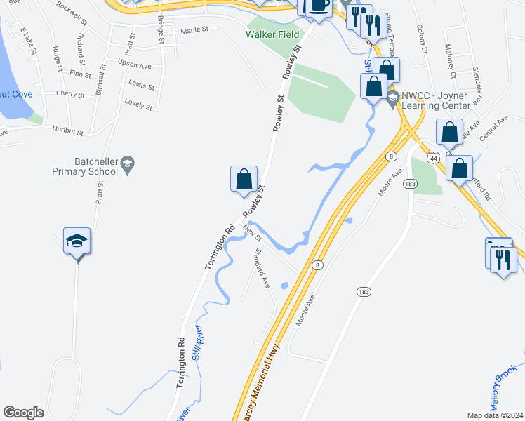 map of restaurants, bars, coffee shops, grocery stores, and more near 189 Rowley Street in Winchester