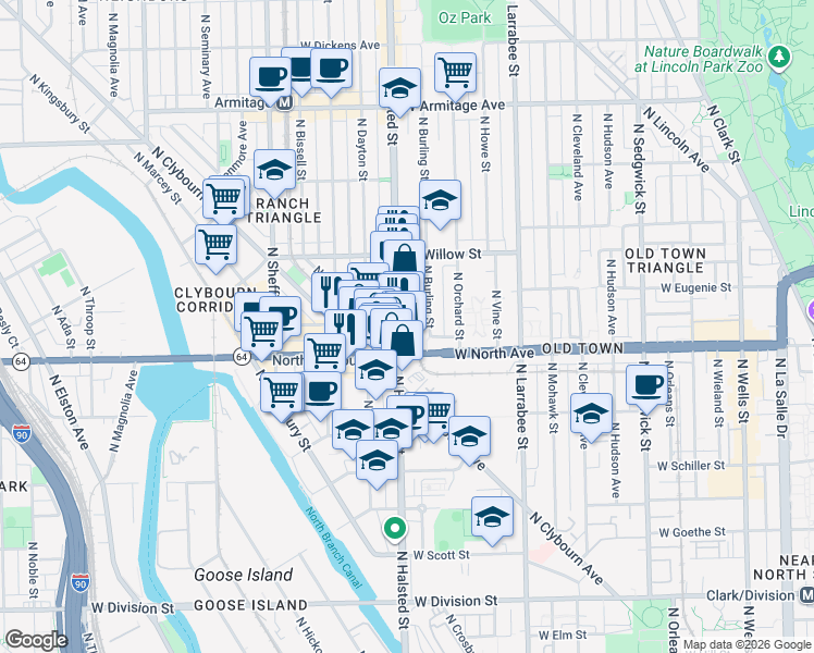 map of restaurants, bars, coffee shops, grocery stores, and more near in Chicago