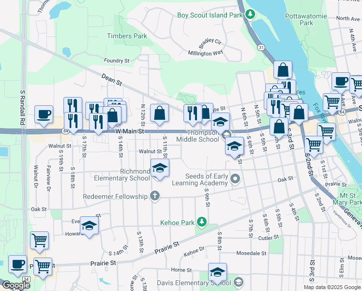 map of restaurants, bars, coffee shops, grocery stores, and more near 1001 Walnut Street in St. Charles
