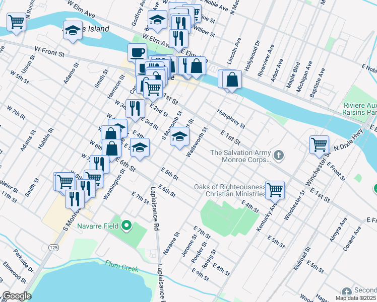 map of restaurants, bars, coffee shops, grocery stores, and more near 302 Wadsworth Street in Monroe