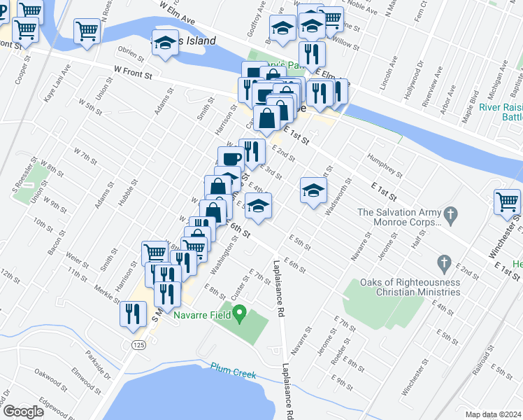 map of restaurants, bars, coffee shops, grocery stores, and more near 423 Washington Street in Monroe