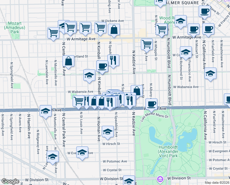 map of restaurants, bars, coffee shops, grocery stores, and more near 3269 West Wabansia Avenue in Chicago
