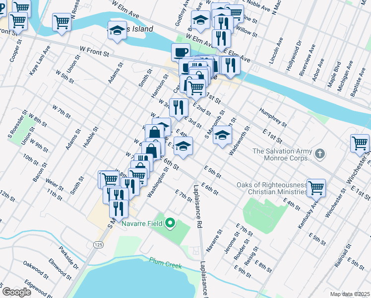 map of restaurants, bars, coffee shops, grocery stores, and more near 504 Washington Street in Monroe