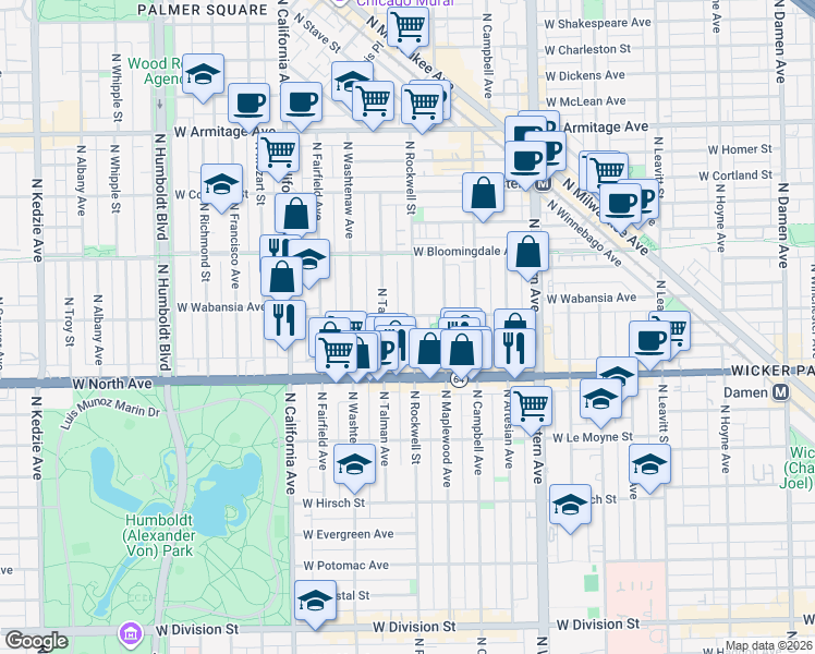 map of restaurants, bars, coffee shops, grocery stores, and more near 1650 North Rockwell Street in Chicago