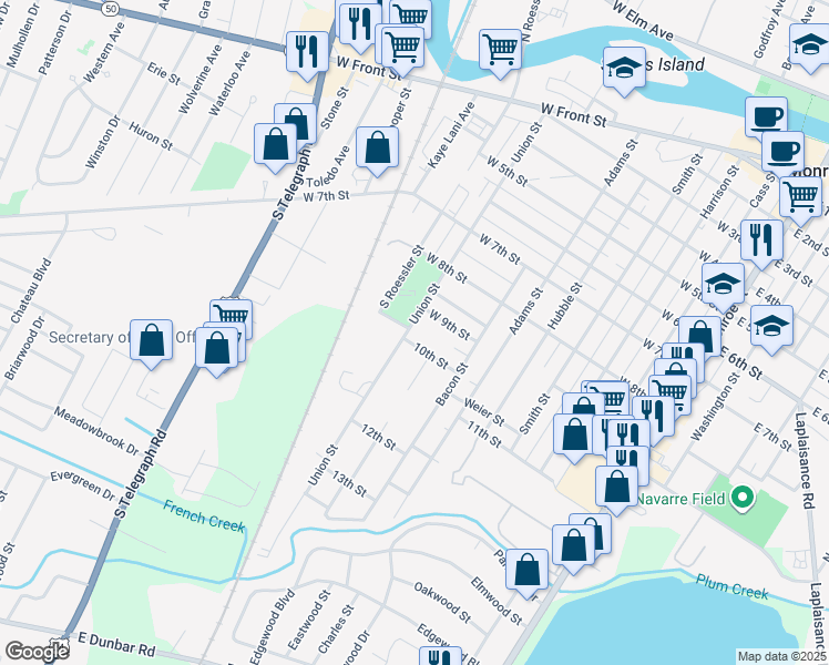 map of restaurants, bars, coffee shops, grocery stores, and more near 728 10th Street in Monroe