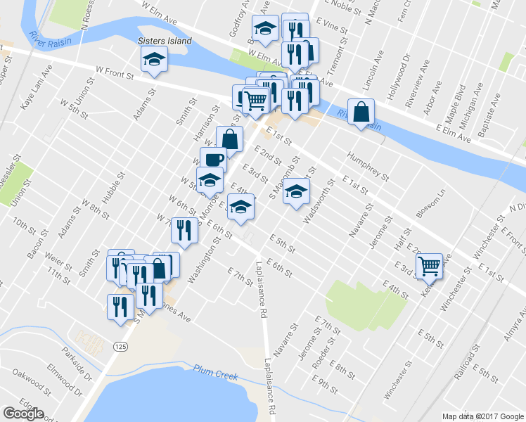 map of restaurants, bars, coffee shops, grocery stores, and more near 402 South Macomb Street in Monroe