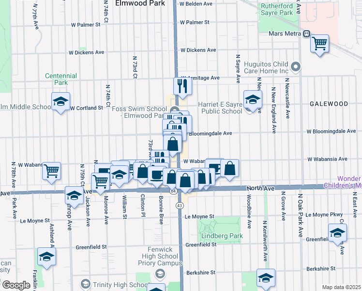 map of restaurants, bars, coffee shops, grocery stores, and more near 1725 North Harlem Avenue in Chicago
