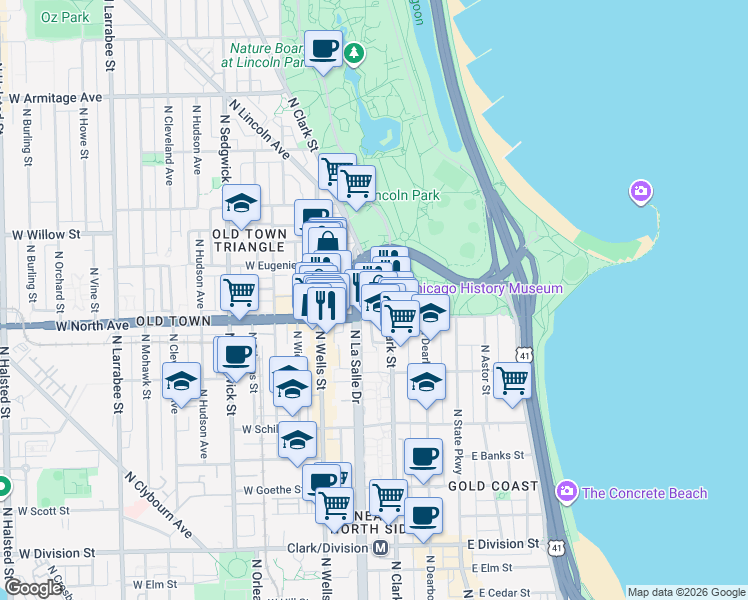 map of restaurants, bars, coffee shops, grocery stores, and more near 1636 North Clark Street in Chicago
