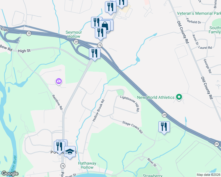 map of restaurants, bars, coffee shops, grocery stores, and more near 98 Hollow Brook Road in Windsor