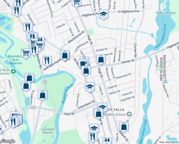 map of restaurants, bars, coffee shops, grocery stores, and more near 17 Pleasant Street in Cumberland
