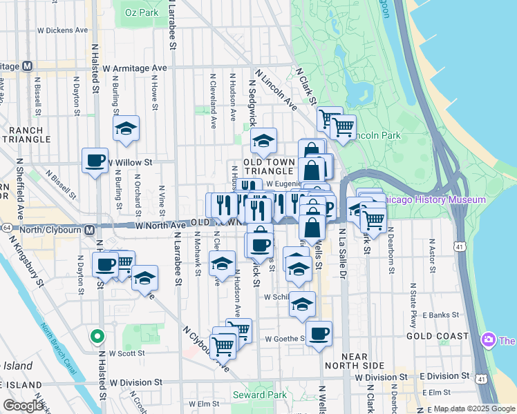 map of restaurants, bars, coffee shops, grocery stores, and more near in Chicago