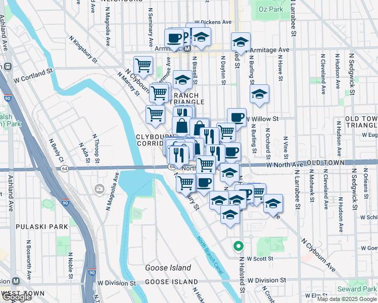 map of restaurants, bars, coffee shops, grocery stores, and more near 1615 North Sheffield Avenue in Chicago