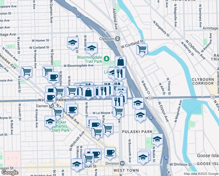 map of restaurants, bars, coffee shops, grocery stores, and more near 1616 Illinois 64 in Chicago