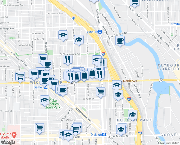 map of restaurants, bars, coffee shops, grocery stores, and more near 1628 North Paulina Street in Chicago