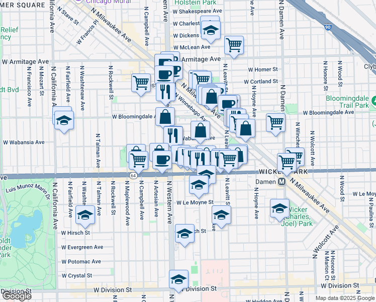 map of restaurants, bars, coffee shops, grocery stores, and more near 1635 North Claremont Avenue in Chicago