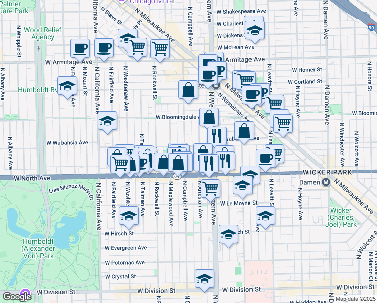 map of restaurants, bars, coffee shops, grocery stores, and more near 1638 North Campbell Avenue in Chicago