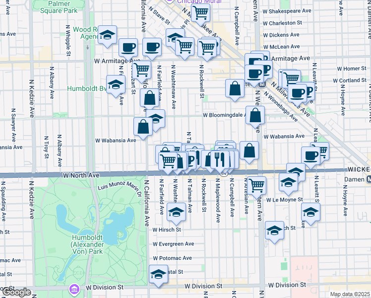 map of restaurants, bars, coffee shops, grocery stores, and more near 1639 North Talman Avenue in Chicago