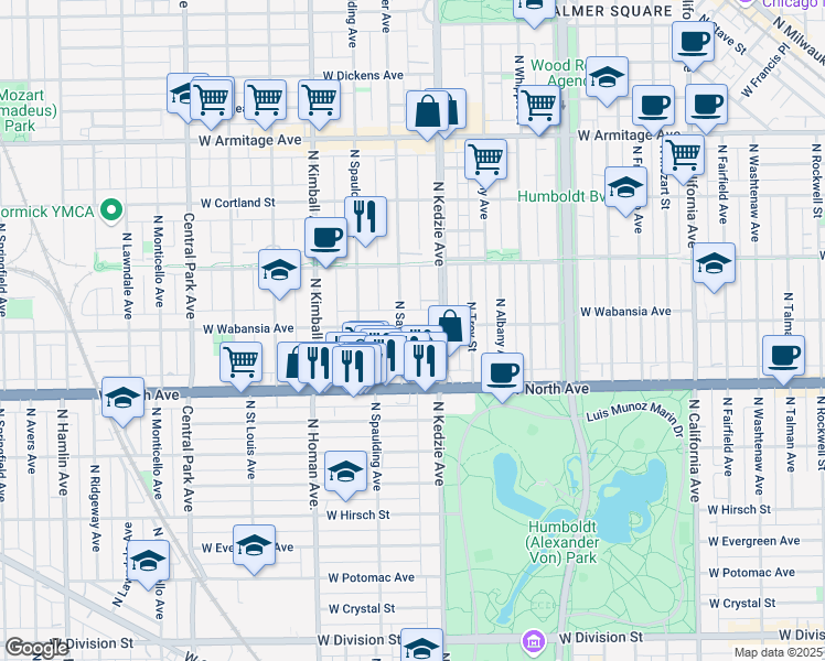 map of restaurants, bars, coffee shops, grocery stores, and more near 1645 North Sawyer Avenue in Chicago