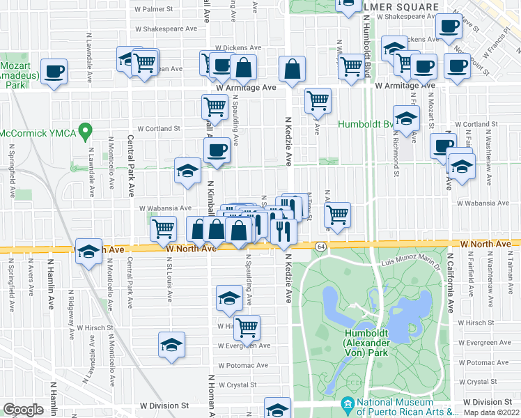 map of restaurants, bars, coffee shops, grocery stores, and more near 1645 North Sawyer Avenue in Chicago
