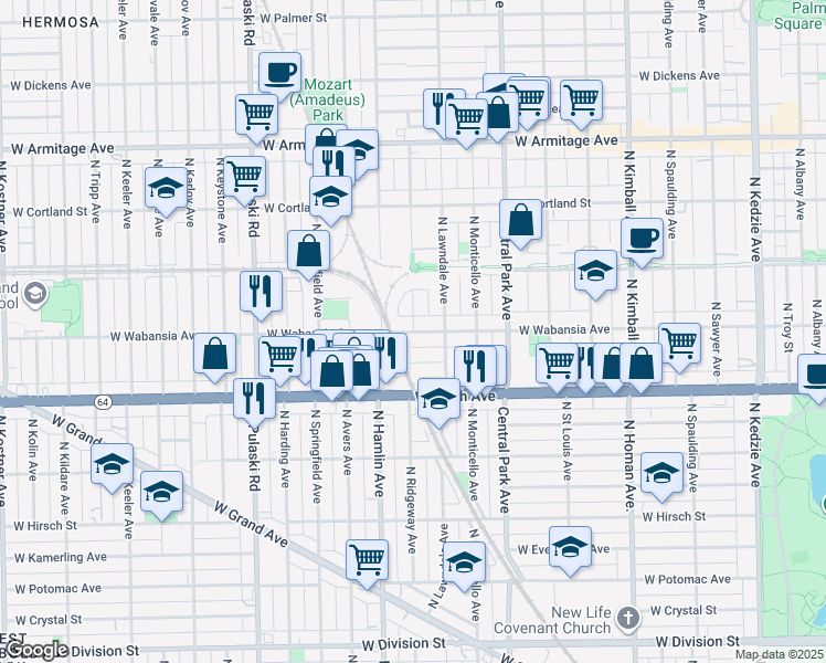 map of restaurants, bars, coffee shops, grocery stores, and more near 3721 West Wabansia Avenue in Chicago