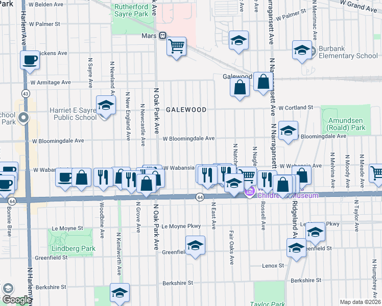 map of restaurants, bars, coffee shops, grocery stores, and more near 1717 North Normandy Avenue in Chicago