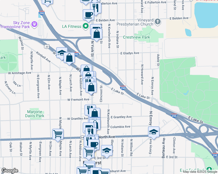 map of restaurants, bars, coffee shops, grocery stores, and more near 150 East Lake Street in Elmhurst