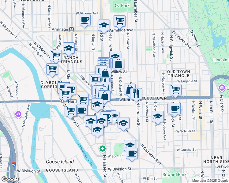 map of restaurants, bars, coffee shops, grocery stores, and more near 1615 North Burling Street in Chicago