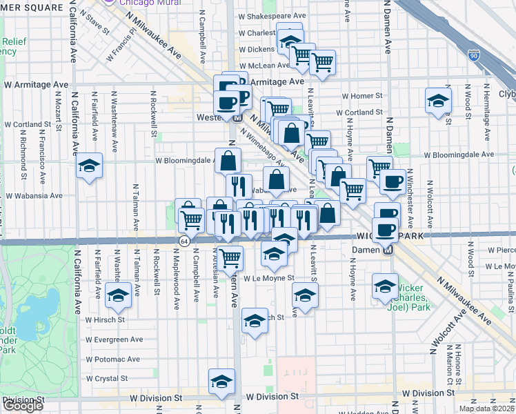 map of restaurants, bars, coffee shops, grocery stores, and more near 1651 North Claremont Avenue in Chicago