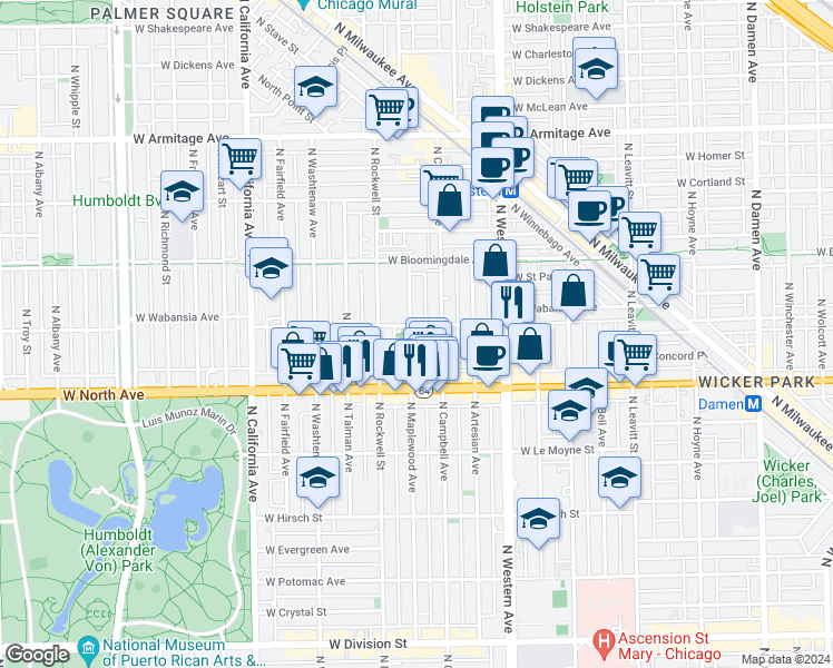 map of restaurants, bars, coffee shops, grocery stores, and more near 1653 North Maplewood Avenue in Chicago