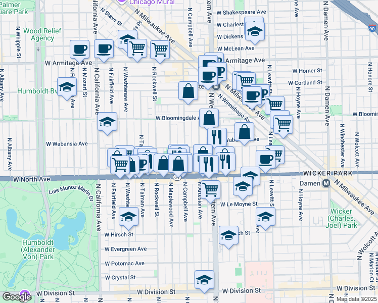 map of restaurants, bars, coffee shops, grocery stores, and more near 1638 North Campbell Avenue in Chicago