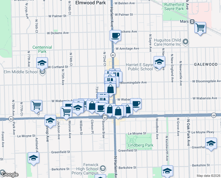 map of restaurants, bars, coffee shops, grocery stores, and more near 1720 North 72nd Court in Elmwood Park