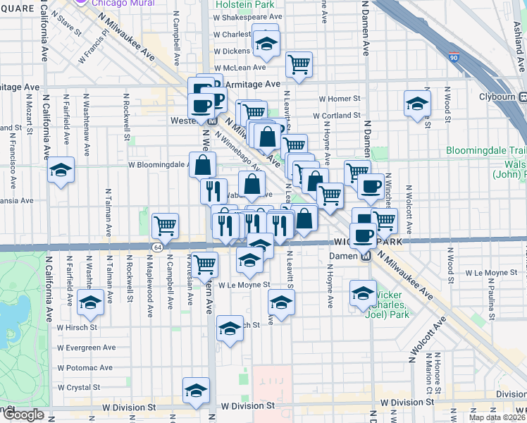 map of restaurants, bars, coffee shops, grocery stores, and more near 1652 North Bell Avenue in Chicago