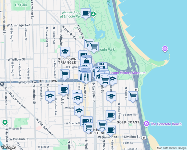 map of restaurants, bars, coffee shops, grocery stores, and more near 1609 North LaSalle Drive in Chicago