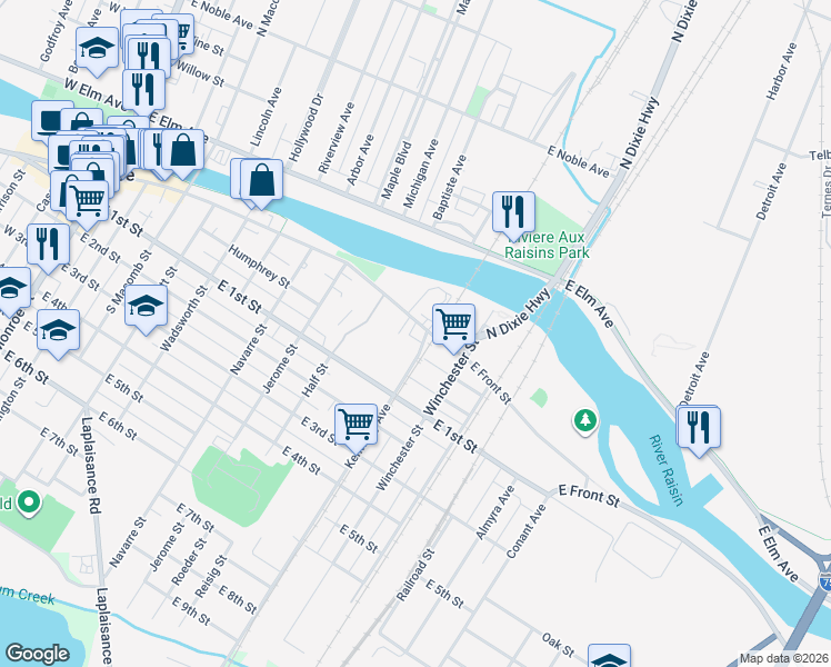 map of restaurants, bars, coffee shops, grocery stores, and more near 49 Kentucky Avenue in Monroe