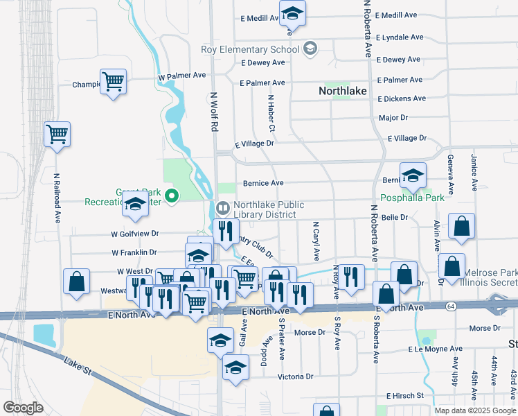 map of restaurants, bars, coffee shops, grocery stores, and more near 26 Belle Drive in Northlake