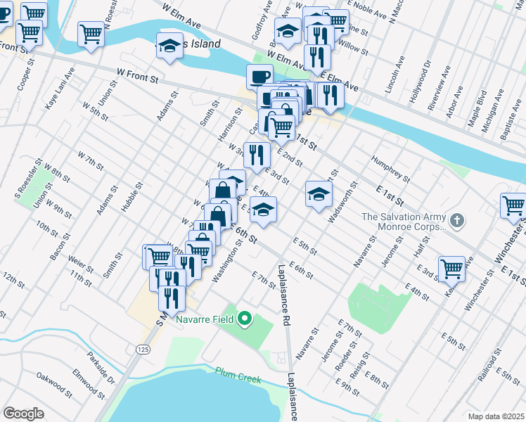 map of restaurants, bars, coffee shops, grocery stores, and more near 504 Washington Street in Monroe