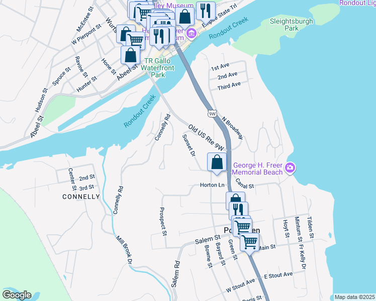 map of restaurants, bars, coffee shops, grocery stores, and more near 185 Sunset Drive in Port Ewen