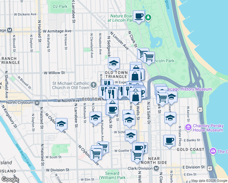map of restaurants, bars, coffee shops, grocery stores, and more near in Chicago