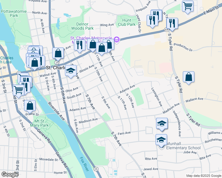 map of restaurants, bars, coffee shops, grocery stores, and more near 603 South 11th Avenue in St. Charles
