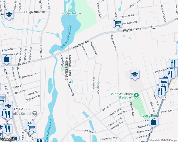 map of restaurants, bars, coffee shops, grocery stores, and more near 53 Castle Road in Attleboro