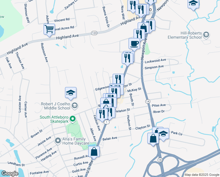 map of restaurants, bars, coffee shops, grocery stores, and more near 41 Rand Avenue in Attleboro