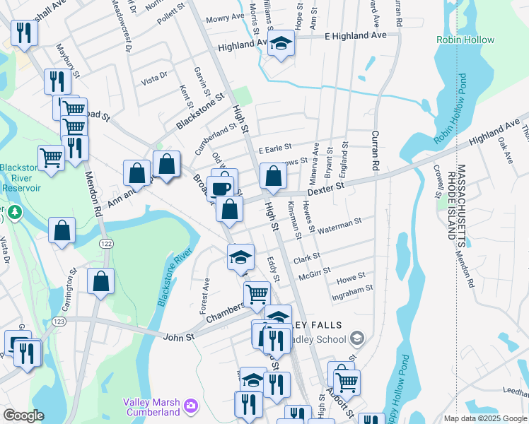 map of restaurants, bars, coffee shops, grocery stores, and more near 401 High Street in Cumberland