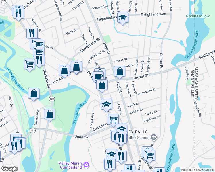 map of restaurants, bars, coffee shops, grocery stores, and more near 17 Pleasant Street in Cumberland