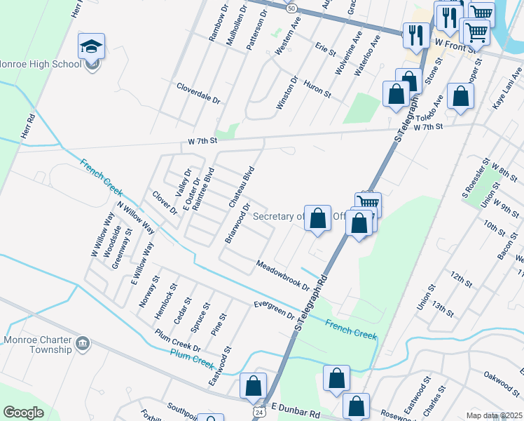 map of restaurants, bars, coffee shops, grocery stores, and more near 1678 Buckingham Drive in Monroe