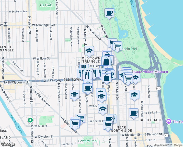 map of restaurants, bars, coffee shops, grocery stores, and more near 330 West North Avenue in Chicago