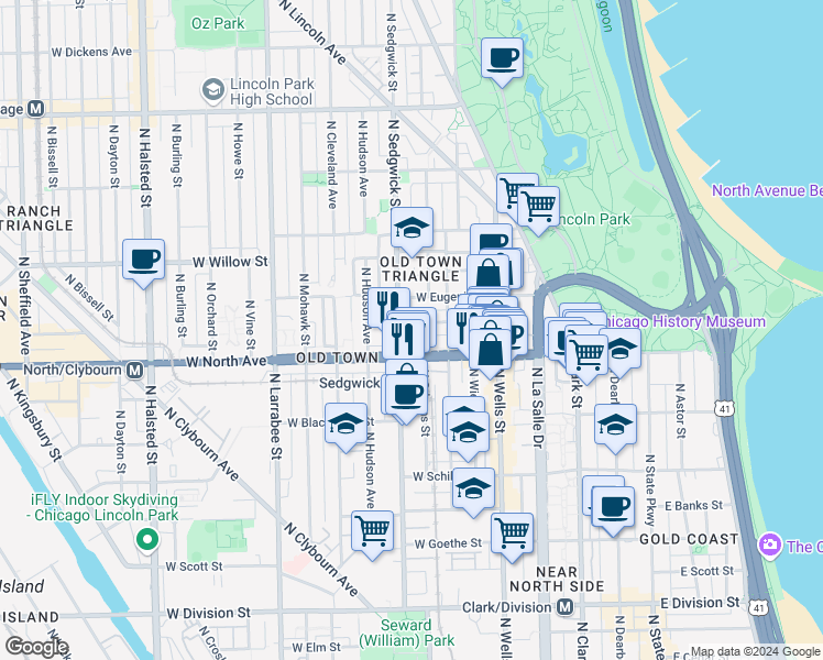 map of restaurants, bars, coffee shops, grocery stores, and more near in Chicago