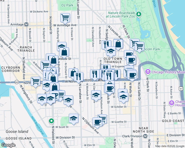 map of restaurants, bars, coffee shops, grocery stores, and more near 1615 North Mohawk Street in Chicago