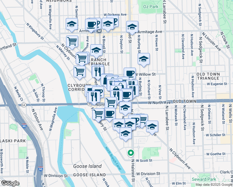 map of restaurants, bars, coffee shops, grocery stores, and more near 900 West North Avenue in Chicago