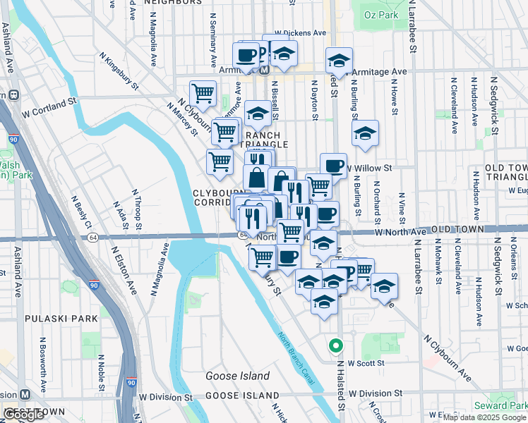 map of restaurants, bars, coffee shops, grocery stores, and more near 1615 North Sheffield Avenue in Chicago