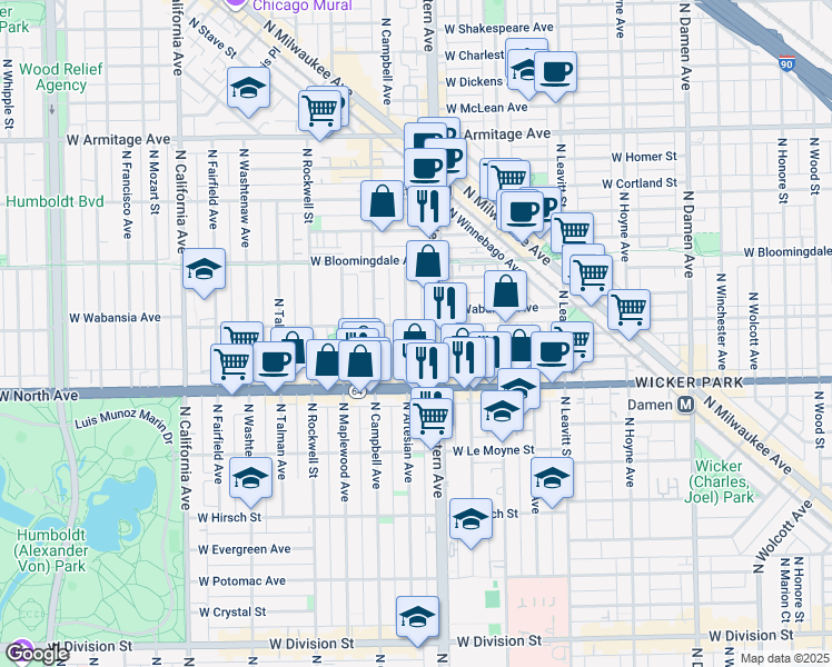 map of restaurants, bars, coffee shops, grocery stores, and more near 1639 North Artesian Avenue in Chicago